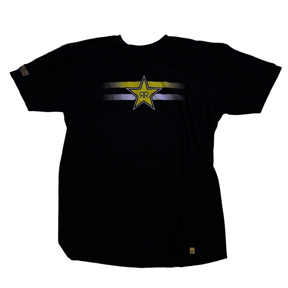Rockstar Energy Drink T Shirt Mens XL Black Yellow Star Logo Racing Stripe Tee